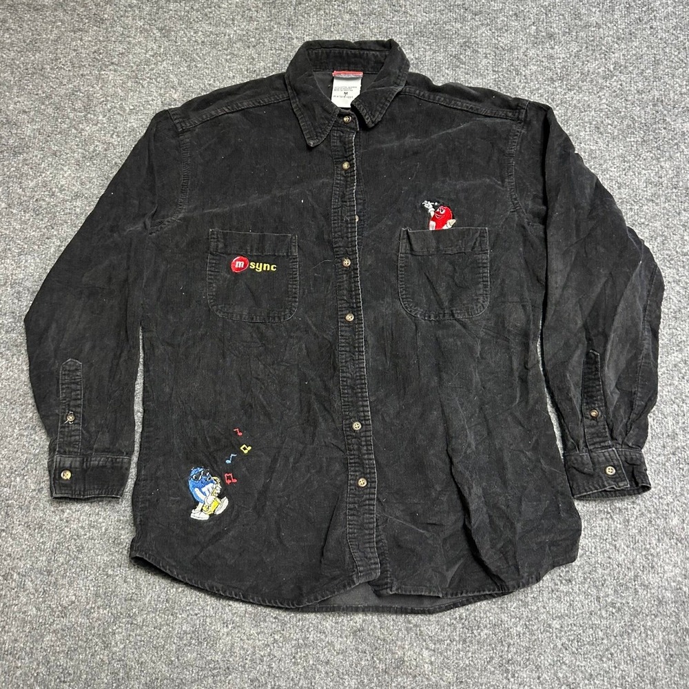 M&M's Shirt Womens Size M Black Corduroy Long Sleeve Button Up Embroidered